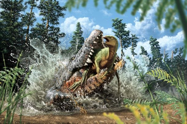 Ricostruzione artistica di un Conractosuchus che divora un evento ornitopode.