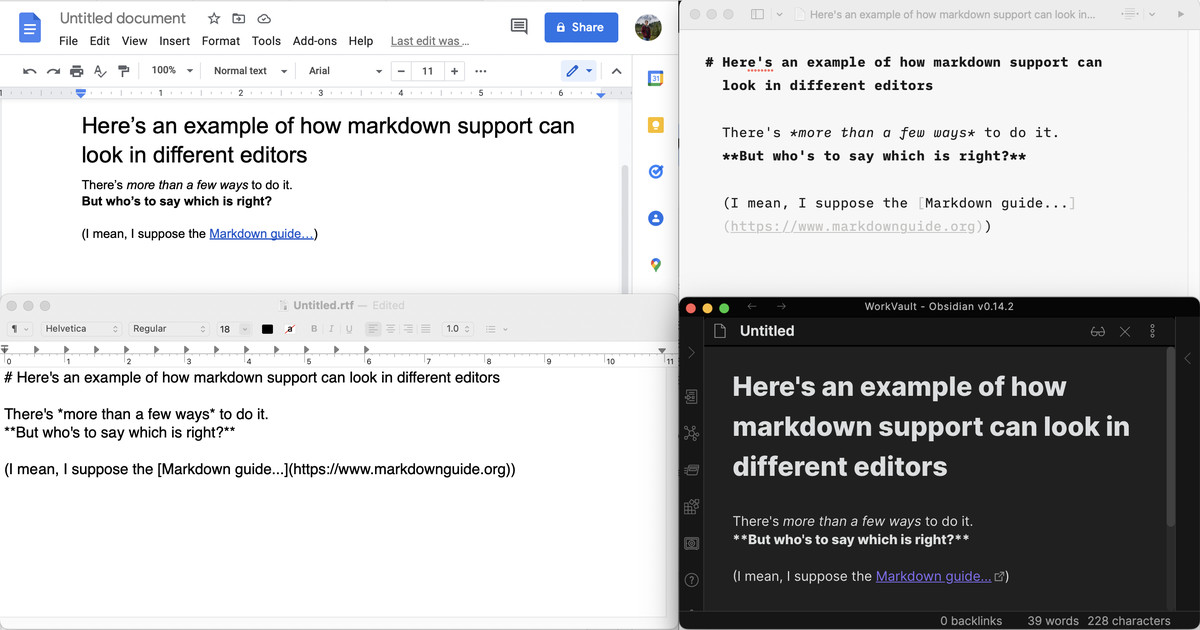 Screenshot che mostra come Google Docs, IA Writer, TextEdit.app e Obsidian gestiscono la visualizzazione del testo di Markdown.