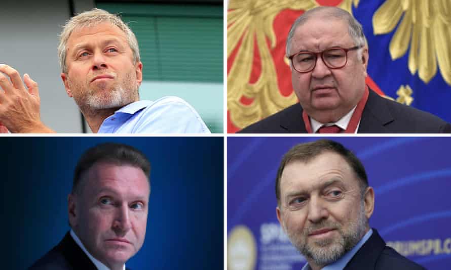 In senso orario, da sinistra: gli uomini d'affari Roman Abramovich, Alisher Usmanov, Oleg Deripaska e Igor Shuvalov appaiono tutti su Asset Tracker russo.