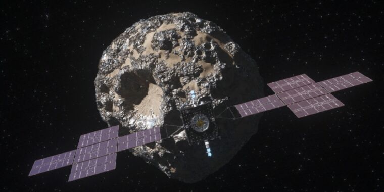 Ars fa un tour della camera bianca della navicella spaziale Psyche in orbita attorno all'asteroide al JPL