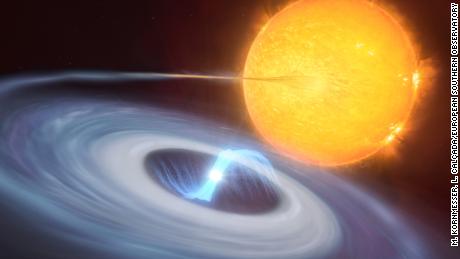 Questa illustrazione mostra un sistema a due stelle.  Un disco blu di materiale può essere visto in orbita attorno a una nana bianca mentre estrae materiale dalla stella compagna.