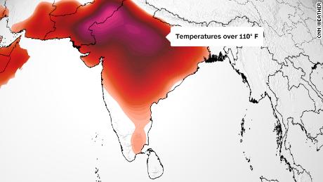 La mappa delle previsioni mostra che la maggior parte dell'India subirà temperature elevate venerdì: oltre i 32°C/90°F (nei toni dell'arancione);  Oltre 38°C/100°F (in rosso);  o superiore a 43°C/110°F (rosa).