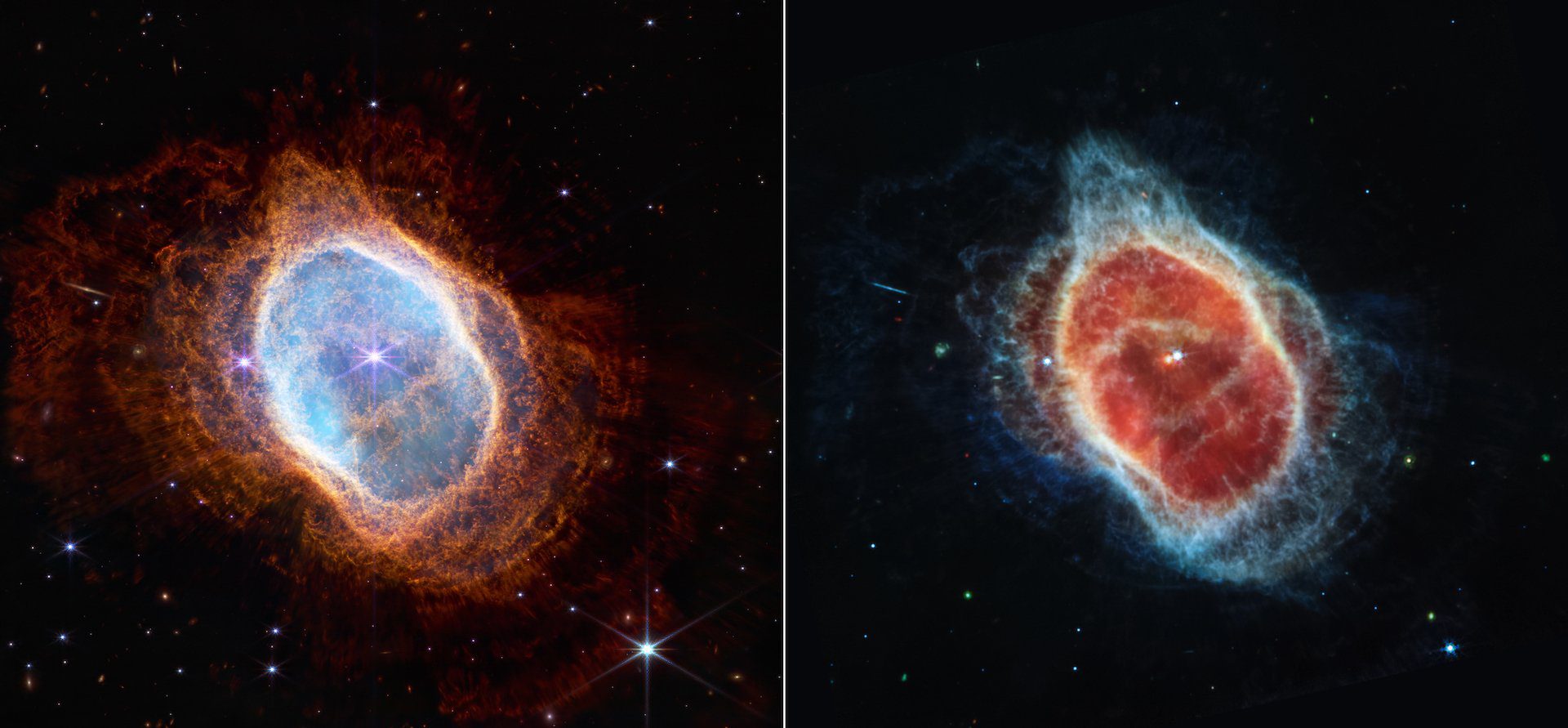 Immagine del telescopio James Webb di proiettili vivi di gas e polvere espulsi nello spazio da una stella morente.
