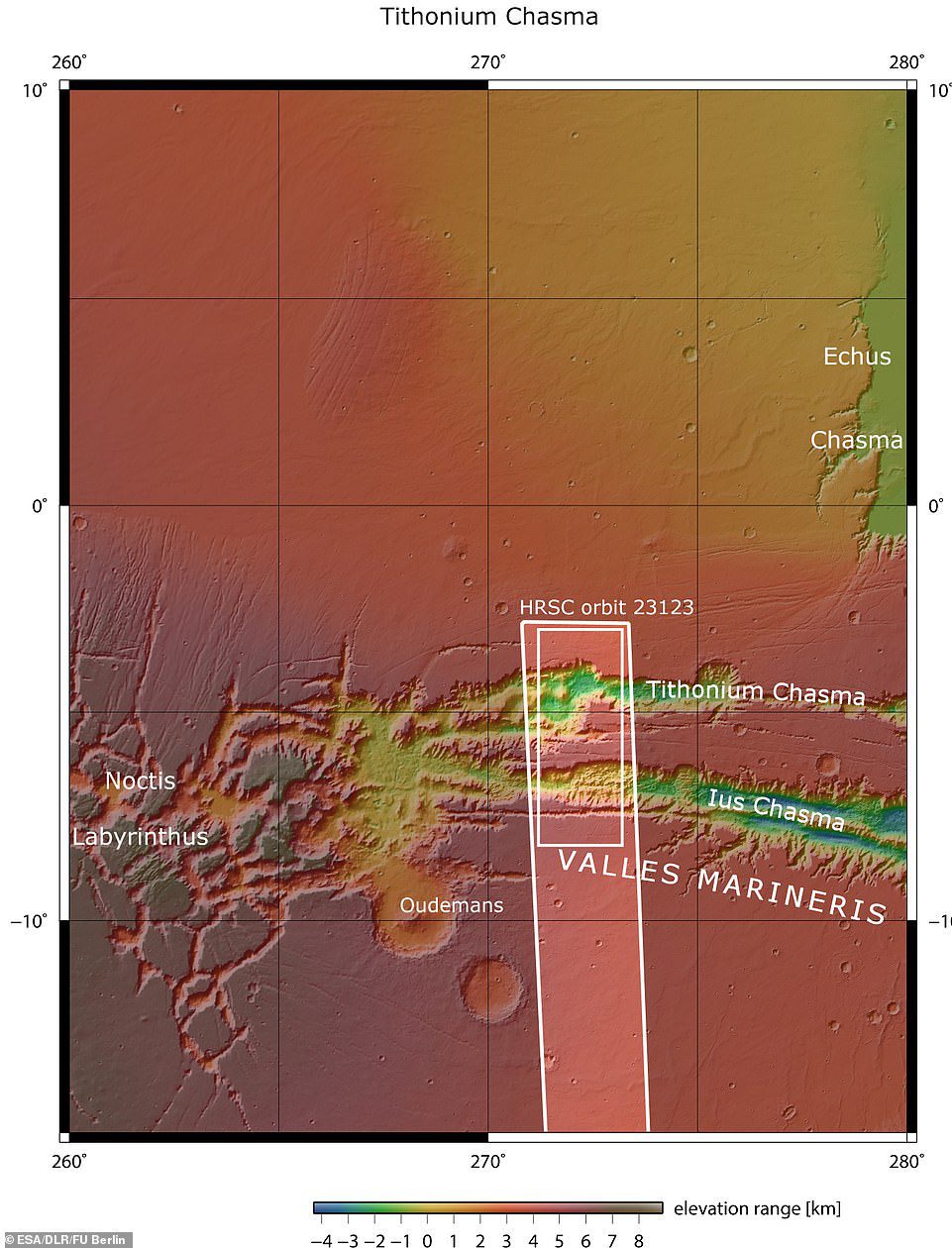 Lus e Tithonium Chasmata sono visti sopra.  L'area delineata nel riquadro bianco scuro indica l'area ripresa dalla telecamera stereo ad alta risoluzione Mars Express il 21 aprile 2022 durante l'orbita.