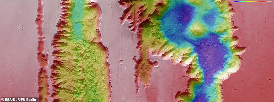 Nella foto sopra: un'immagine topografica codificata a colori che mostra Ius e Tithonium Chasmata, che fanno parte della struttura del Valles Marineris Canyon di Marte, creata dai dati raccolti dal Mars Express dell'ESA.
