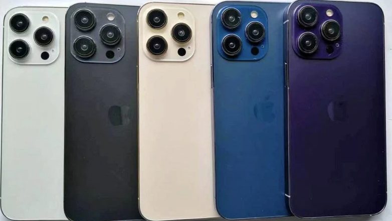 Uno scatto di 5 unità fittizie di iPhone 14 Pro, in argento, grafite, oro, blu e viola