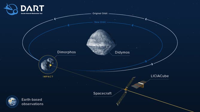 DART e LICIACube sono mostrati su un diagramma del sistema binario di asteroidi Didymos e Dimorphos.