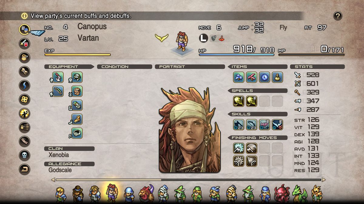 Schermata dell'elenco delle feste di Tactics Ogre Reborn, con avatar, attributi, abilità e inventari
