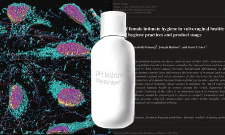 Illustrazione che mostra un detergente vaginale insieme a un documento di ricerca e una foto dei microbi.