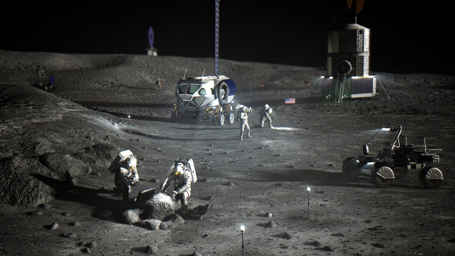 Rappresentazione artistica degli astronauti della NASA al polo sud lunare che svolgono i primi lavori per stabilire il campo base di Artemis.