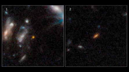Immagini affiancate di galassie lontane, che appaiono come sfocature rossastre ellittiche contro l'oscurità dello spazio