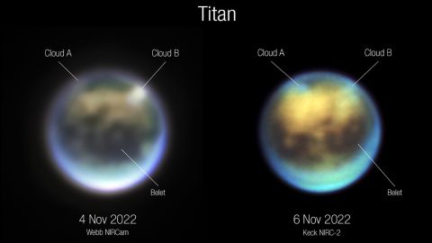 Gli astronomi hanno confrontato le immagini di Titano di Webb (a sinistra) e Keck per vedere come si sono evolute le nuvole.  La nuvola A sembra ruotare, mentre la nuvola B sembra dissiparsi.